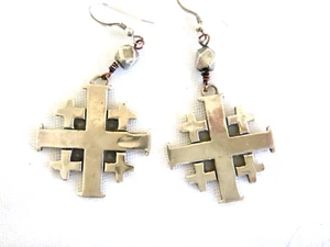 Artisan Vintage Jerusalem Cross 2.5" Drop Earrings 925 Sterling Silver 15.5gr - Picture 1 of 3
