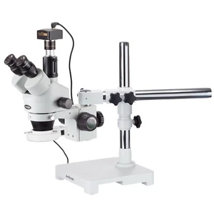 AmScope 7x-45x Trinocular Stereo Zoom Microscope w Boom + 5MP Camera + LED Ring - Picture 1 of 8