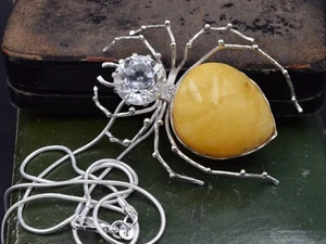 EXCLUSIVE DESIGNER PENDANT spider poison silver 875 natural amber rock crystal - Picture 1 of 23