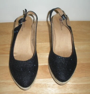 White Mountain Black/Glitter Espadrille Wedge Shoes Size 7 1/2 M 3 Inch Heel - Image 1 of 4