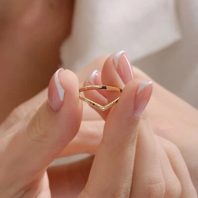 Sun Motif Chevron Ring 18K Yellow Gold Dainty Sunburst V Shaped Band Stackable - Image 1 of 4