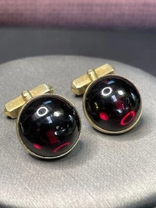 Men’s Cufflinks Signed Swank Gold Tone Blood Red Glad Domed Style Vintage - Picture 1 of 8