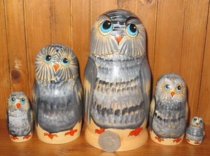 GREY OWL Matryoshka Russian nesting dolls 5 MATT Babushka signed SEMYONOVA GIFT - Picture 1 of 11
