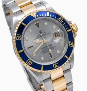 Rolex Submariner 16613 40mm Silver Serti Dial Two-Tone Steel Gold Watch - Picture 1 of 7