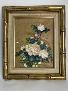 Vintage Floral With Red And White Bird Painted On Cork, Gold Bamboo Frame - Picture 1 of 14