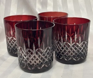 Ruby Red Ajka Bohemian Set Of 4 Arabella Cut To Clear Lead Crystal Old Fashioned - Picture 1 of 7