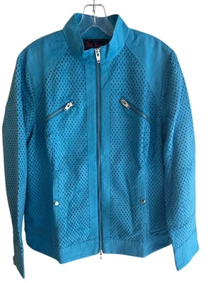 那个女人! 夹克女式中号蓝色穿孔人造麂皮绒摩托拉链口袋 — 第 1/4 张图片