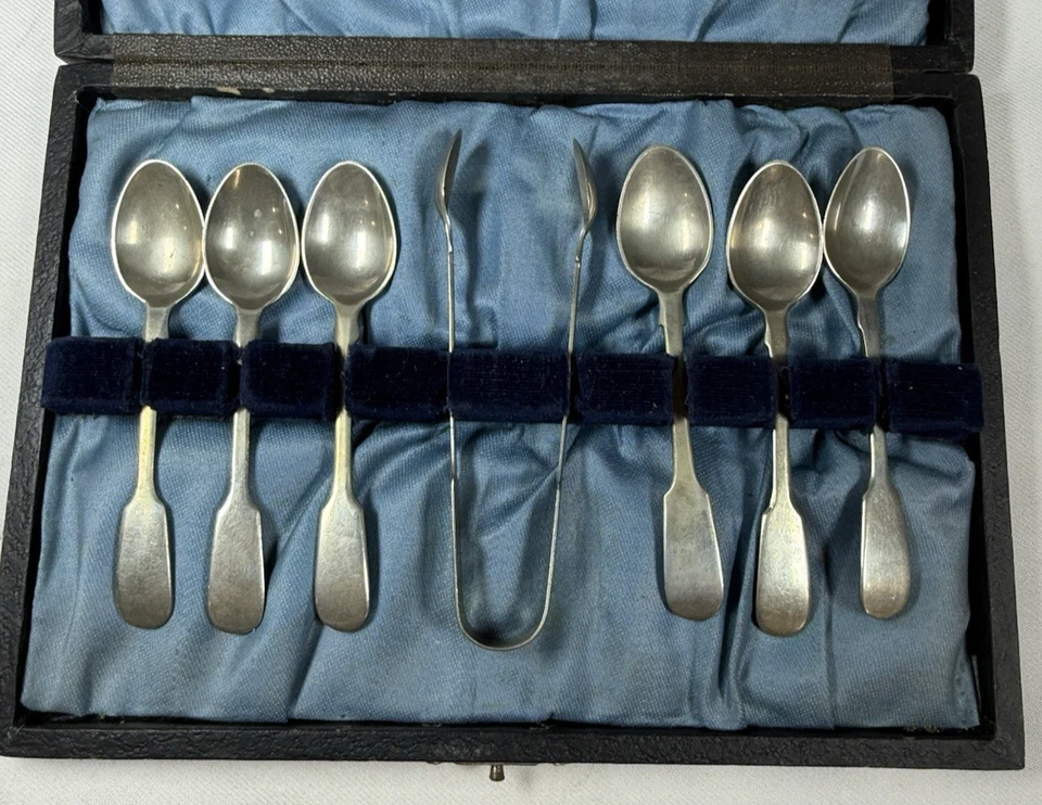 Juego de cucharas Demitasse de finales de 1800 con pinzas y estuche de William Page Foto 1 de 4