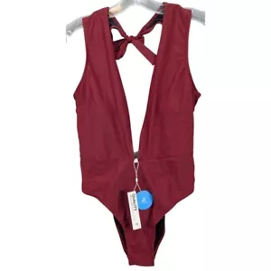 Cupshe Women's L Red Deep V Neck Tie Halter Open Back One Piece Swimsuit NWT - Picture 1 of 10