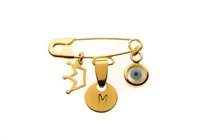 9K Gold Personalised Safety Pin Baby Gift Baby Shower Evil Eye Crown Brooch - Picture 1 of 2