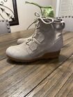 Sorel Women's Evie Size 9.5 Suede Leather Lace Up Wedge Ankle Boots Beige Bootie