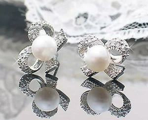 Crystal Bow Earrings Silver Stud Earrings Pearl Studs Bridal Jewelry Wedding - Picture 1 of 4