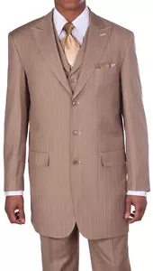 Men's 3 pcs Wool Feel Classic Gangster Pinstripe Suits with Vest 5903 Tan - Picture 1 of 5