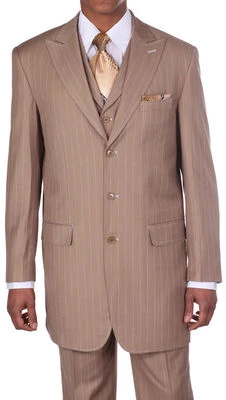 Men's 3 pcs Wool Feel Classic Gangster Pinstripe Suits with Vest 5903 Tan - Image 1 of 3