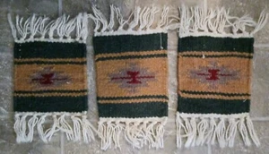 3 WOVEN WOOL TASSLED COASTER HOT PLATE MATS DOLLHOUSE RUG AZTEC DESIGN 11"x6" - Picture 1 of 2