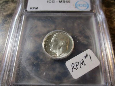 1949-D ROOSEVELT DIME RARE RPM #1 WITH DIE CHIP ON NOSE ICG MS65   501 - Image 1 of 4