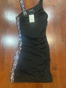 Bebe Ladies' Tank Cocktail  MIni Dress,  Glitter Pcs On Side Of Body & Shoulder - Picture 1 of 6
