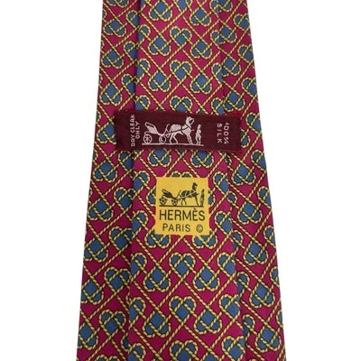 Hermes Hombre Corbata Corazón Cuerda Patrón Rojo/Dorado Seda 7308 EA 3 3/8" (W) 57" (L) Usado en Excelente Condición Foto 1 de 4