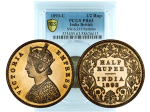 India British 1893 C 1/2 Rupee Restrike PCGS PR63 - Very Nicely Toned - Picture 1 of 3