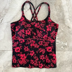 Lands’ End Tankini Floral Red Black Ribbed Built-In Padded Shelf Bra Size 18 - Picture 1 of 7