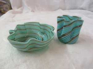 Vintage Italien Venedig Salviati Zanfirico Aventurin grün Kupfer Glas Tasse & Schale - Bild 1 von 5