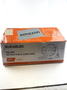 Suraielec 50FT Tri-Tap Retractable Cord Reel 12AWG 15A 125V Heavy Duty Mountable - Picture 1 of 7