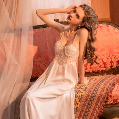Женщин ретро кружева шифоновое платье спагетти ремень длинный Nightie Sleepwear мягкий - Изображение 1 из 4