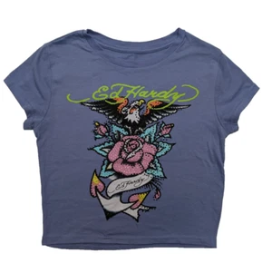 ED HARDY Women's Small Baby Tee Purple Eagle Rose Rhinestone Bling Graphic Art - Picture 1 of 8