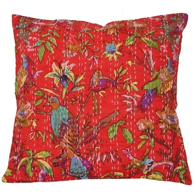 Sanskriti New Red Cushion Cover Hand Embroidery Kantha Pure Cotton Set Of 2 Sham - Image 1 of 4