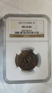 French Indochina Vietnam 1 Cent, 1921, Without Mintmark, NGC MS 64BN, Very Rare - Picture 1 of 3