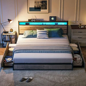 King/Queen/Full Size Bed Frame with 4 Drawers ＆ Storage Headboard ＆ Outlets ＆LED - Picture 1 of 12