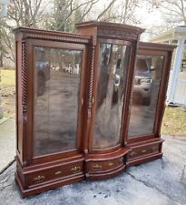 LARGE BEVELED GLASS MAHOGANY CARVED TRIPLE DOOR BOOKCASE