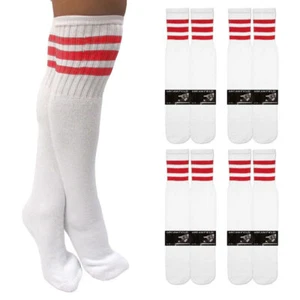 4 Pairs Knee High White Tube Socks Long Athletic Cotton Red Stripes Sports 10-15 - Picture 1 of 1