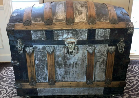 Antique Vintage Humpback Steamer Trunk - Wood Cover