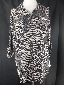 Emily Daniels Leopard 3/4 Sleeve 2 Pocket Button Down Foil Print Shirt Size 1X - Picture 1 of 14