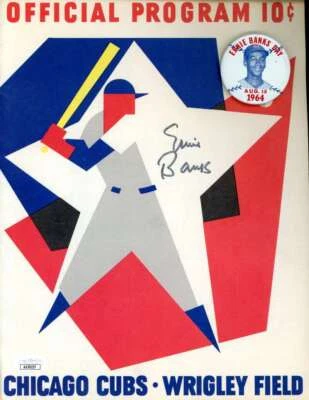 Ernie Banks Day JSA Signed 1964 Chicago Cubs Program vs Pirates W/ Pin Autograph - Image 1 of 2