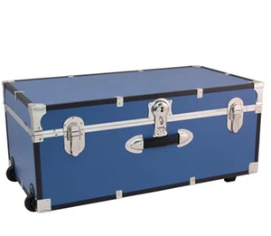 Blue Storage Trunk Wheeled Wooden Footlocker Chest Luggage College Dorm Box 30" - Picture 1 of 5