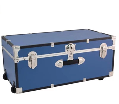 Blue Storage Trunk Wheeled Wooden Footlocker Chest Luggage College Dorm Box 30" - Image 1 of 4