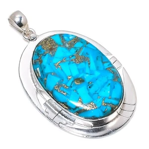 Ciondolo gioiello argento sterling 925 fatto a mano pietra turchese rame blu - Foto 1 di 6