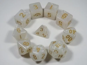 RPG Dice 10pc - Pearl White /gold ink- 1 @ D4 D8 D10 D12 D20 D00-10 & 4 D6 - Picture 1 of 8