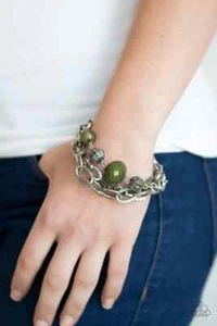 Paparazzi "Mega Malibu" Green & Antique Silver Bead & Chain Tennis Bracelet - Picture 1 of 2