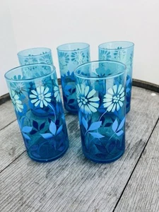 VTG Lovely Set Of 5 ~ 70’s LIBBEY Embossed Blue Meadow Daisey Glass Tumblers 6" - Picture 1 of 9