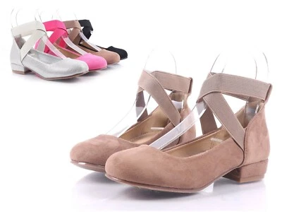 Tacones bajos sin cordones elásticos casuales topo con correa cruzada niñas niños talla 9 Foto 1 de 4