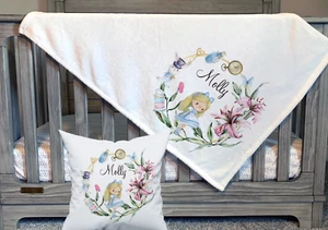 Baby blankets ALICE IN WONDERLAND fleece personalised, cushion, nursery pillow - Picture 1 of 2