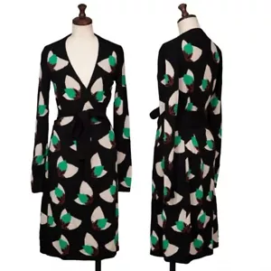 DVF – DIANE VON FURSTENBERG – LINDA WRAP SWEATER DRESS – GREEN LEAVES – SIZE S - Picture 1 of 11