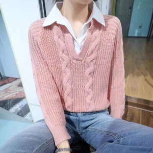 Retro Women's Twist Knitted Sweater Top Design V-neck Pullover Jumpers Lapel - Picture 1 of 26