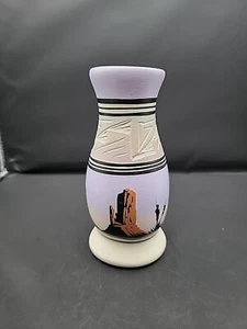 Navajo Native American Hand Painted Desert Scene Purple Etched Bud Vase Signed - Picture 1 of 17
