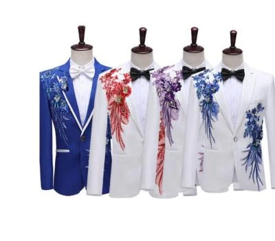 Hombres Escenario Lentejuelas Flor Estrás Abrigo Traje Solapa Boda Fiesta 2 Piezas Traje Elegante  Foto 1 de 4