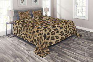 Leopard Print Quilted Coverlet & Pillow Shams Set, Wild Animal Skin Print