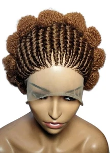 Kinky Natural Afro Braided Wig With Cornrow Braids Full Lace Cap Ginger Hair - Picture 1 of 13